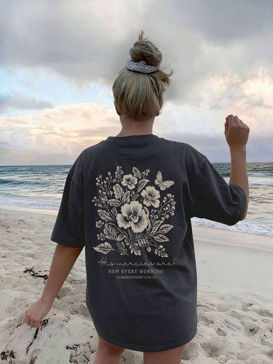 Women's Short-Sleeved T-Shirt, New Summer Casual, Floral And Letter Print, Loose Fit, Versatile, Round Neck, Dark Gray, For Everyday Wear And Holidays. - 深灰色 - 查看 1