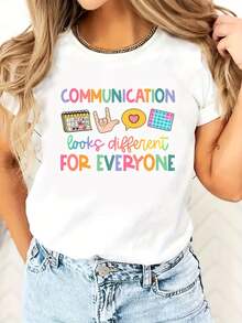 Black T-Shirt With Inspirational Phrase, Graphic Communication Print, Casual Loose Fit, Short Sleeves With Colorful Lettering And Icon Design - أبيض - مشاهدة 1