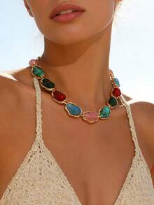 1 pezzo Collana asimmetrica in resina colorata placcata in oro stile retrò, design bohémien, adatta per spiaggia, festa, festival musicale, choker - Multicolore - Visualizzare 3