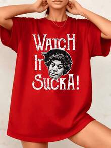 Women's T-Shirt With Funny Graphic Print "It Sucka", Comedic Portrait, 100% Cotton, Crew Neck, Casual Oversized Style, 1 Piece. They Are Excellent Gifts For Friends And Family. - 紅色 - 查看 1
