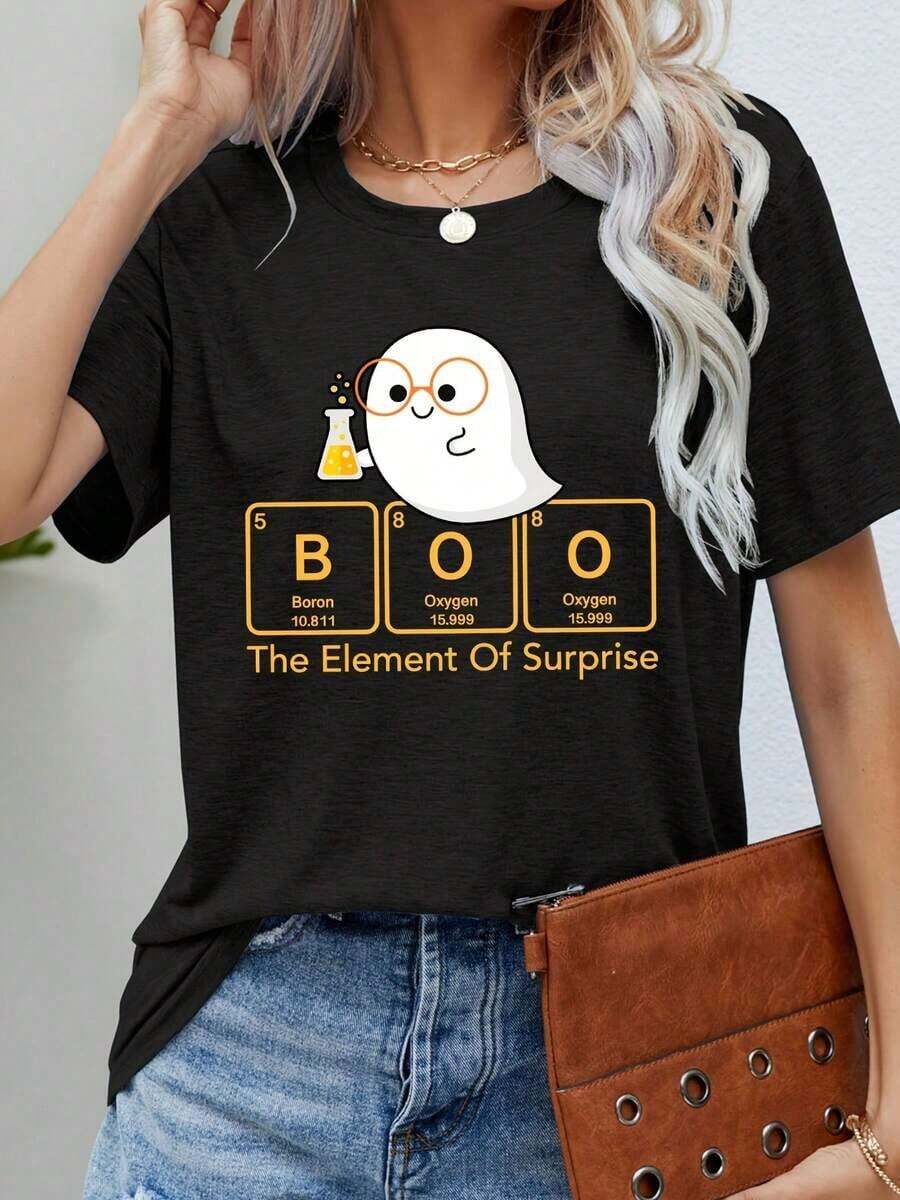 Casual T-Shirt With Glasses, Ghosts And Chemical Elements Print, Short Sleeve, Round Neck, Casual Top For Summer And Spring, Women's Clothing, 100% Cotton, Durable - 黑色 - 查看 1