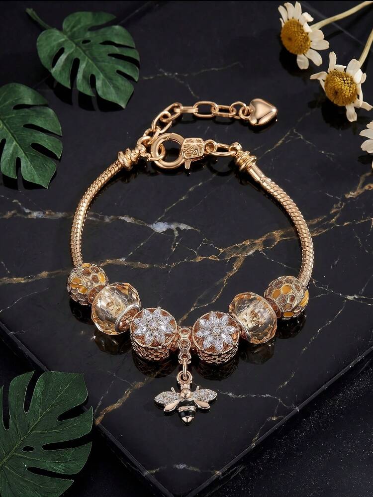 1pc Charm Bracelet Women Daily Wear Anniversary Beaded Bee Flower Rhinestone Elegant Gold - Multicolor - View 2