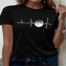 Women's Casual Cotton Round Neck T-Shirt with Moon Heartbeat Graphic Print Short Sleeve Top, High Stretch Comfortable Summer Tee - Negro - Ver 1