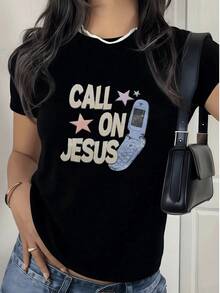 Fashionable Women's T-Shirt, Women's T-Shirt With Retro Telephone And Star Print, Modern Cut, Soft And Comfortable Fabric. 100% Cotton, Ideal For Casual And Original Looks. - 黑色 - 查看 7