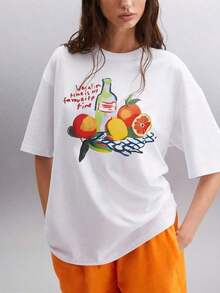 Graphic Print Short Sleeve Crew Neck T-Shirt, Casual Spring And Summer Top, Women's Clothing, Cotton T-Shirt, Ideal Gift - 白色 - 查看 7