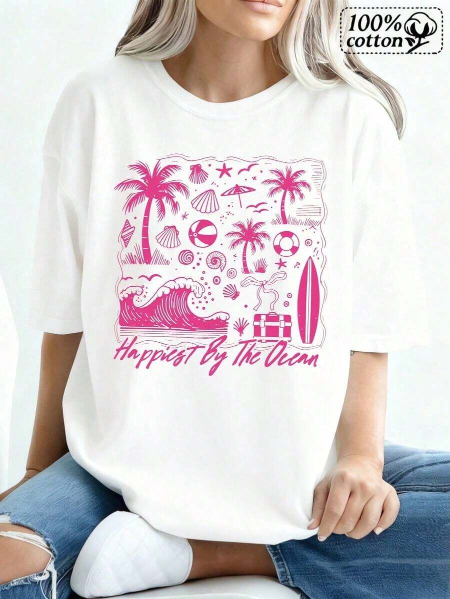SoftA White T-Shirt With A Pink Ocean Design And The Phrase 'happier By The Ocean', Perfect For The Beach New Summer Women's T-Shirt, Casual And Comfortable Crew Neck Top - 白色的 - 查看 1