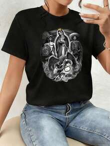 Powerful Eagle Holding A Serpent Surrounded By Figures Representing The Union Between Ancestral  Strength, Spiritual Devotion, And Mexican Identity With Intense Symbolic Details And A Heroic Aura. Women's T-Shirt, 100% Cotton. New Summer Women's T-Shirt, Casual And Comfortable Crew Neck Top - 黑色 - 查看 12