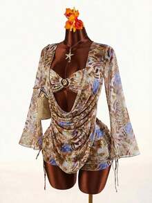Conjunto de 3 piezas de traje de baño para mujer, top con escote pronunciado y manga larga sin espalda, falda con pliegues laterales y bikini, manga acampanada, adecuado para vacaciones y playa - Multicolor - Ver 3