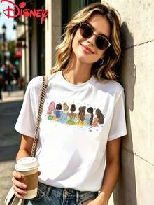 Disney Brand Women's Casual Cute Graphic T-Shirt Short Sleeve Round Neck Regular Fit Pullover Top For Streetwear Style - 白色 - 查看 1