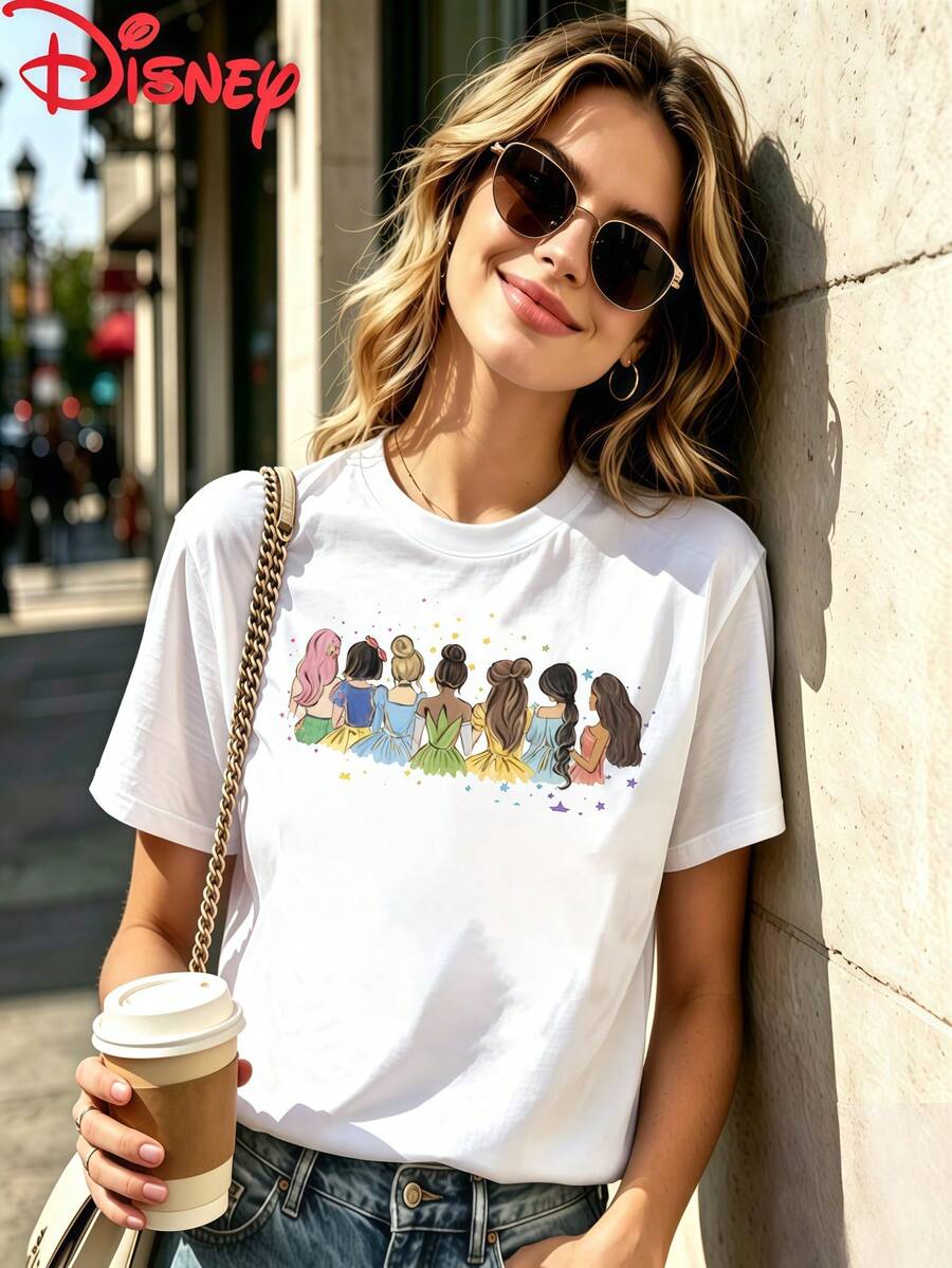 Disney Brand Women's Casual Cute Graphic T-Shirt Short Sleeve Round Neck Regular Fit Pullover Top For Streetwear Style - 白色 - 查看 1