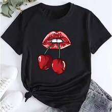 Camiseta de manga corta con cuello redondo para mujer con estampado gráfico de labios y cerezas - Negro - Ver 2