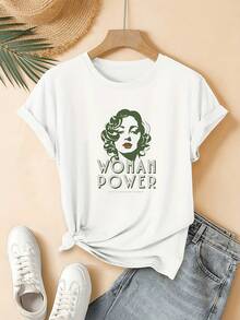 Camiseta Deportiva Casual para Mujer de Manga Corta con Diseño de Retrato Verde y Texto - Camiseta Elástica de Cuello Redondo, Lavable aáquina, Ajuste Cómodo y Apta para Todas las Estaciones, para Estilo Casual y Diario. - Blanco - Ver 7