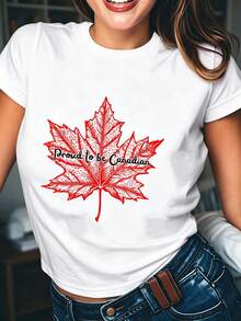 Limited Time Offer, Limited Quantities, Flash ! Women's Casual Shirts, Women's Polyester Tees, Stylish Shirts. This Casual Short-Sleeve Tee Is Perfect For Women And Best Friends. It Features A Red Maple Leaf Print And The Phrase "Proud To Be Canadian," Radiating Patriotism And Making It The Ideal Choice For Summer. - 白色 - 查看 9