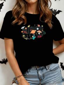Planetas coloridos y naves que simbolizan la curiosidad humana por explorar el universo mientras figuras abstractas rodean letras vibrantes creando energía positiva y creatividad camiseta de mujer casual para uso diario moderna y cómoda - Negro - Ver 8