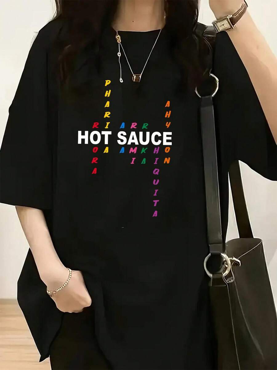 Camiseta Deportiva Casual para de Gran Talla con Texto Colorido SALSAS PICANTES - Camiseta Elástica de Cuello Redondo, Lavable aáquina, Ajuste Cómodo para Todas las Estaciones, Perfecta para un Look Casual y Divertido. - Negro - Ver 1