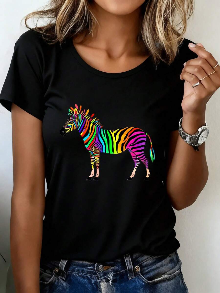 Camiseta Deportiva Casual para Mujer en Negro con Gráfico de Cebra a Rayasíris - Camiseta Elástica de Cuello Redondo, Lavable aáquina, Ajuste Cómodo y Perfecta para Todas las Estaciones, para el Día a Día y Actividades Informales. - Negro - Ver 1