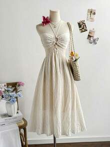 Vestido de verano informal de unicolor con cuello de halter y espalda descubierta - Albaricoque - Ver 12