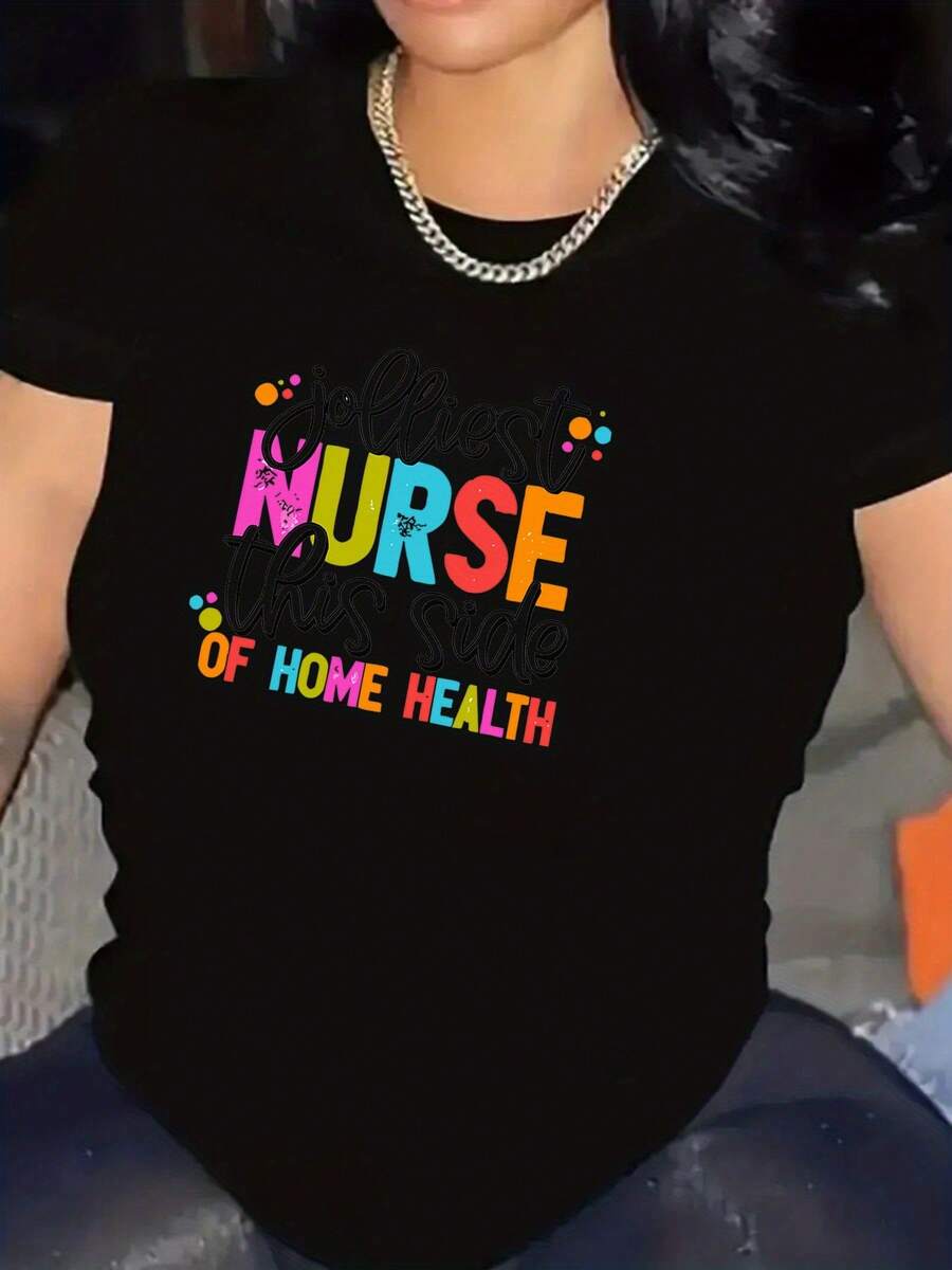 Cuello Redondo Talla Grande - Camiseta Divertida de Enfermera para Mujer - Camiseta con Estampado "La Enfermera Más Antigua de Este Lado del Cuidado en el Hogar" - Camiseta de Enfermera Suave con Cuello Redondo - Regalo Divertido para Enfermeras de Cuidado en el Hogar, Enfermeras - Ropa Lavable a Máquina para Trabajadores Médicos - Ropa de Trabajo Diaria, Diseño Sencillo, Construcción Duradera, Ropa para Cuidadores, Blusas para Mujer Casual - Negro - Ver 1