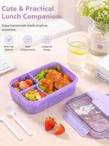 Caixa de Almoço Fofa de Grande Capacidade, Caixa Bento com Compartimentos (com Conjunto de Talheres), Recipiente de Almoço, Caixa de Lanche, Micro-ondas (Remover Tampa). Bolsa Térmica, Vedação Eficiente, Adequada para Uso no Escritório, Escola e Doméstico. Escolha Ideal para Volta às Aulas, Piqueniques, Fácil de Limpar. - Multicolorido - Visão 5