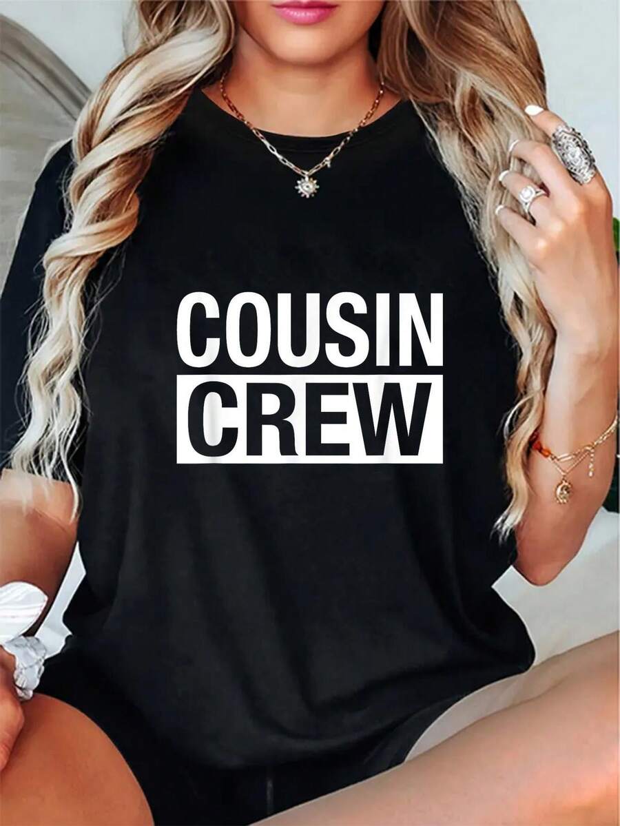 Soft, Breathable, And Lightweight For All-Day Comfort. Plus Size Available. Matching Printed T-Shirts For Brothers And Sisters, For Women And Men. Lightweight "Cousin" Print T-Shirt, Suitable For Family Gatherings, Cousins, Brothers And Sisters, And Couples. Casual All-Season Shirt, Suitable For Everyday Wear And Special Occasions. Easy-Care Matching Sets, Cousin Sets, Loose-Fitting T-Shirts, Durable Construction, T-Shirts For Men And Women, Sibling Sets. Classic Crew Neck With A Relaxed Fit That Flatters All Body Shapes And Is Easy To Pair With Jeans, Shorts, And Leggings. - 黑色 - 查看 1