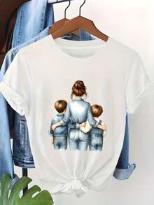 Women's T-Shirt With Illustration Of A Mother And Two Children From Behind, Denim Blue Tones, Delicate Watercolor Style Drawing, Casual Short Sleeve Shirt - 白色 - 查看 8