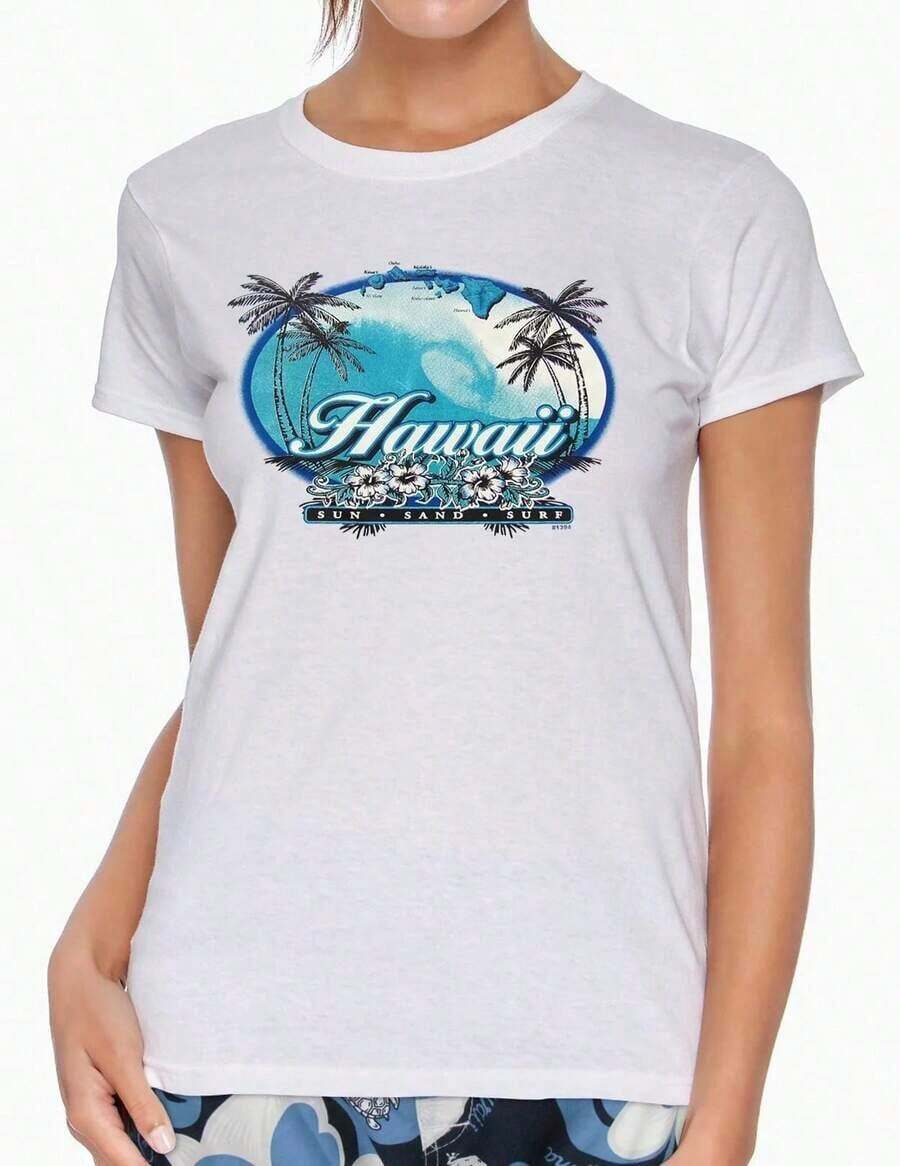Tops de Otoño para Mujer, Estilo Vintage, Manga Corta, Talla Grande: Camisa Blanca de Algodón Puro de 180G con Divertido Estampado - "Hawaii SUN ?ARENA? "SURF" Con Palmeras Y OlasAlgodón 100% - Blanco - Ver 1