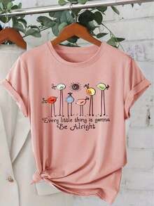 Nueva Camiseta de Moda para Mujer con Cuello Redondo, Estilo Moderno y Minimalista, Camiseta de Manga Corta con Estampado de Todo Saldrá Bien, Diseño de Pájaro Curador, Cuello Redondo, Moda Casual, para el Trabajo y Uso Diario, Estilo Retro para Otoño e Invierno. Top de mujer fresco, lindo y elegante, estilo deportivo, camiseta de algodón con cuello redondo. Diseño versátil, casual para el día a día, para el verano. - Negro - Ver 7