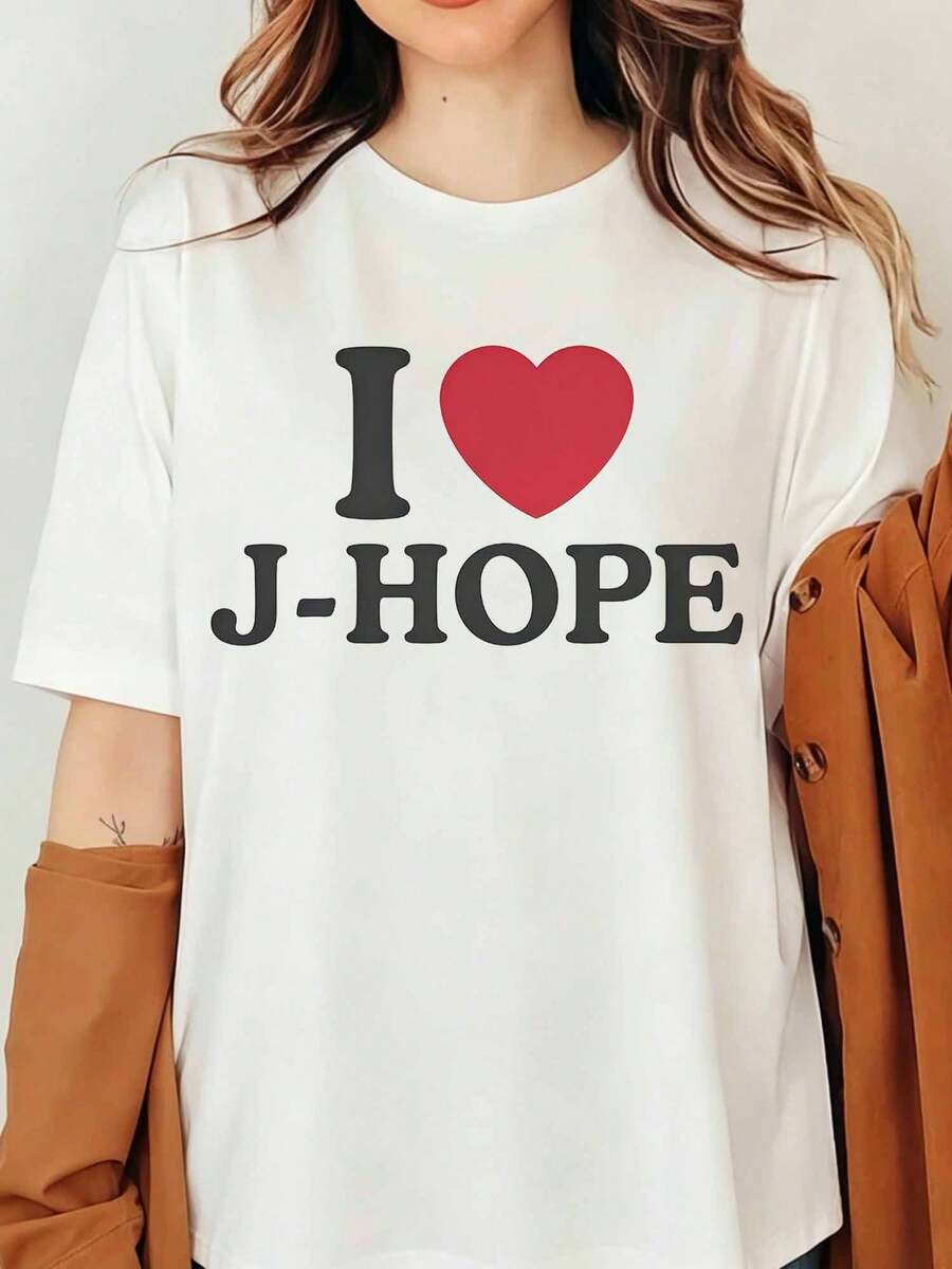 I Love J-Hope Shirt, J-Hope BTSS T-Shirt, K-Pop I Love J-Hope Heart Graphic T-Shirt, Unisex Casual Idol Merchandise Jung Hoseok Concert Y2K Streetwear Summer Short Sleeve O-Neck Tops - 白色 - 查看 1