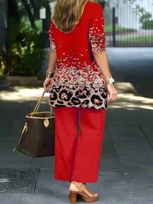 Conjunto de 3 piezas de mujer de talla grande con estampado elegante de primavera - Rojo - Ver 2