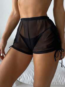 Conjunto de shorts de cobertura con cordón lateral de malla transparente - Negro - Ver 3