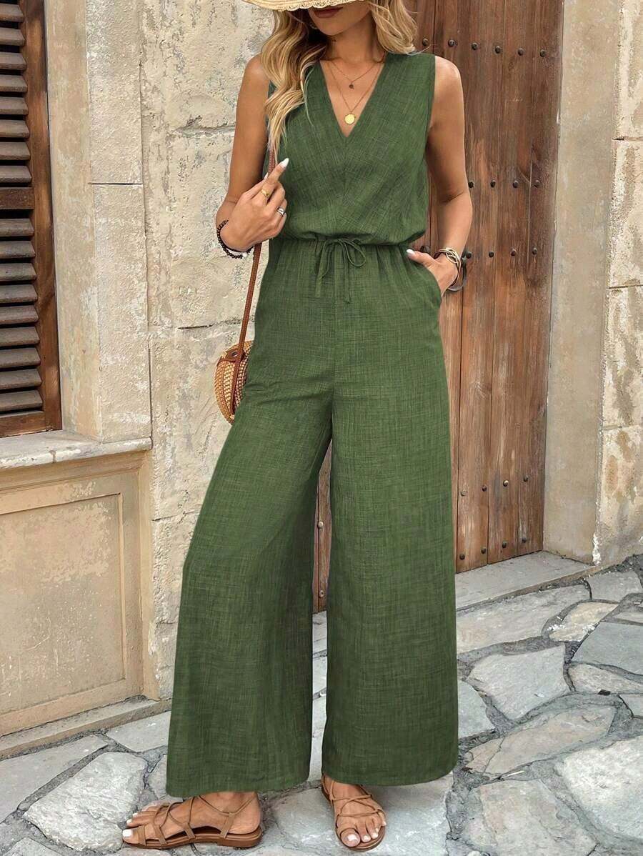 Mono de mujer sin mangas, con cuello en V, de tela texturizada, tipo body con bolsillos, estilo vacacional - Verde militar - Ver 1