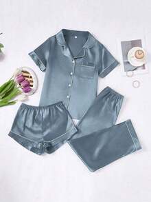 Conjunto de pijama de 3 piezas para mujer con cuello de seda falsa de unicolor y ribete contrastante - Gris - Ver 3