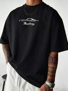 Camiseta Conmemorativa Ord Mustang Classic con Estampado de Coche Deportivo en Líneas Blancas y Negras - Un Artículo de Colección para Entusiastas de los Muscle Cars - Negro - Ver 1
