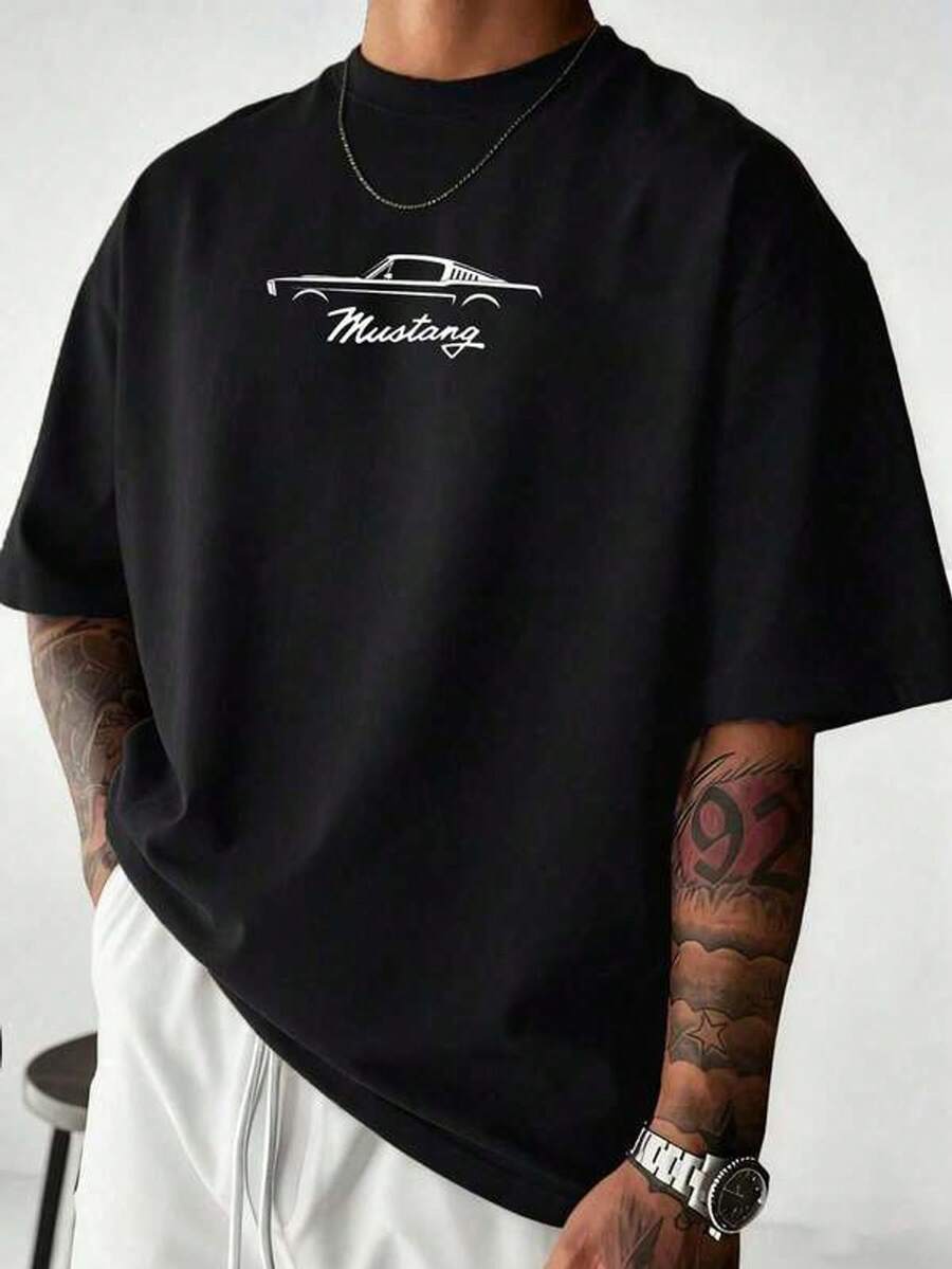 Camiseta Conmemorativa Ord Mustang Classic con Estampado de Coche Deportivo en Líneas Blancas y Negras - Un Artículo de Colección para Entusiastas de los Muscle Cars - Negro - Ver 1