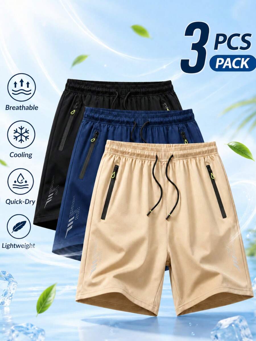 3pcs Men's Sports Shorts, Comfortable Drawstring Elastic Waist, Zipper Pocket Design, Machine Washable, Suitable For Summer Fitness, Running, Basketball, Daily Commute, Fashionable Men's Clothing - Multicolor - View 1