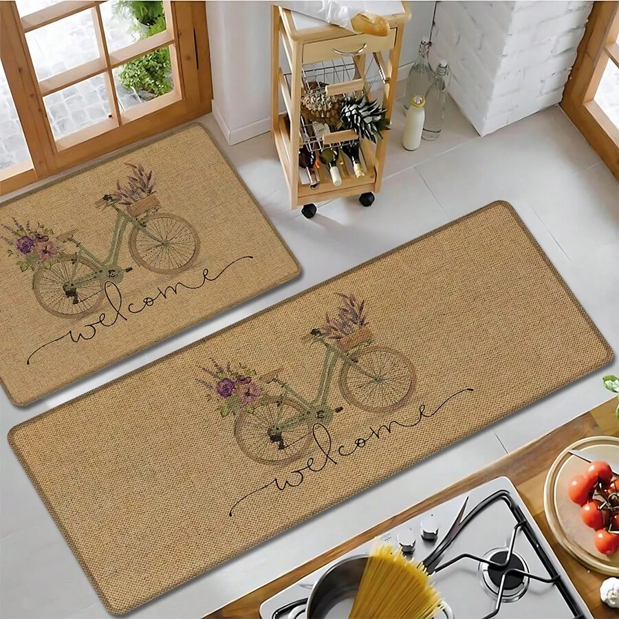 1pc Bicycle Pattern Printed Linen Kitchen Rug, Carpet, Mat, Bathroom Mat, Doormat, 3D Printed Rectangular, Suitable For Living Room, Bedroom, Hallway, Bathroom, Laundry Room - Polyester Carpet, Suitable For Indoor And Outdoor Home Decor - Multicolor - View 1