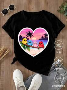 Short-Sleeved T-Shirt For Spring/Summer 2026, Made In Mexico, 180 Grams. Cartoon Print, Couple Design, Suitable For Indoor Or Outdoor Wear. Crew Neck, Unisex, Ideal For Office And Leisure. One-Pack. - 黑色 - 查看 10