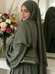 紋理鬆弛款 Khimar Abaya 兩件套，彈性泡泡袖百褶端莊 長洋裝，穆斯林女性休閒伊斯蘭禮拜套裝 - 彩色 - 查看 2