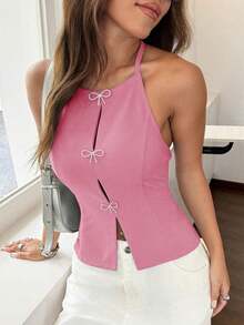 Top de tirantes de corte regular y unicolor sin mangas y escote trasero para mujer - Rosa - Ver 3