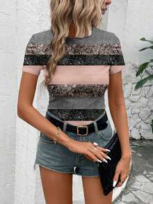 Camiseta de mujer de manga corta, ajustada, de cuello redondo, con estampado de rayas brillantes de estilo minimalista casual, adecuada para primavera/verano - Multicolor - Ver 6
