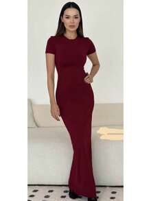 Slim-Fitting Long Dress For Women In Summer, Sexy And Elegant, Pure And Desirable, With A Round Neck And Short Sleeves, Long Style Women's Dress. Dresses For Women Summer Dresses For Women Vacation Outfits Women - 酒紅色 - 查看 9