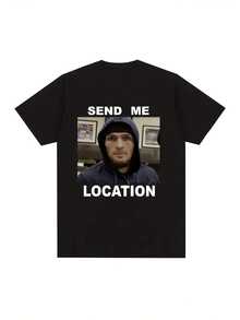 Camiseta Gráfica Khabib Send Me Location Negra Unisex Vintage con Estampado Desgastado Estilo Hip Hop Harajuku Streetwear Corte Regular Manga Corta Cuello Redondo Ligeramente Elástica Patrón Geométrico Hombros Caídos Ropa para Todas las Temporadas - Negro - Ver 7