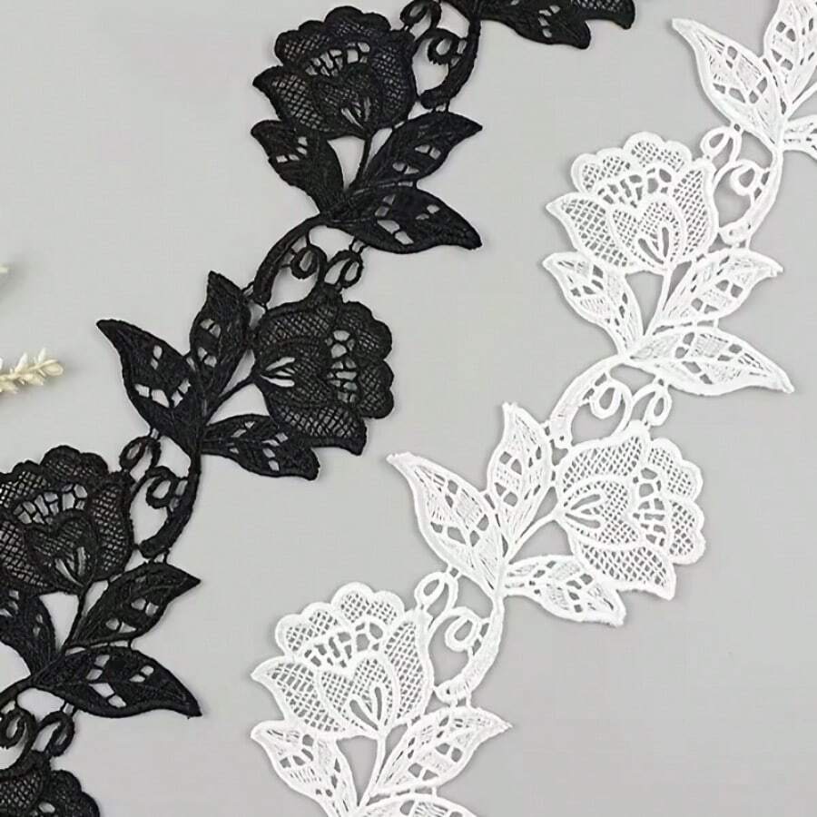 Water-Soluble Rose Lace Decoration - Polyester Floral Embroidery, Black And White Pattern Suitable For Wedding Dresses, Cheongsam, Pajamas, DIY Home Decor (White/Black), DIY Craft Supplies | Fan-Shaped Lace Edge | Exquisite Embroidery, Lace Fabric - White - View 1