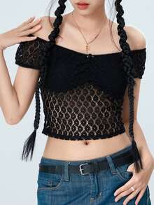 Women's Lace Crop Tops Basic Off Shoulder Short Sleeve Solid Color Slim Fit T-Shirts Ladies Tops - Black - View 3