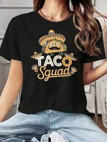 100% Cotton. One Piece Taco Squad Graphic Print T-Shirt, Short Sleeve, Crew Neck, Casual Top For Summer And Spring, Women's Clothing, Tropical Print Summer T-Shirts, Loose Casual Short Sleeve Crew Neck Tops, Breathable And Comfortable, Summer Essentials For Women, 100% Cotton. Women's Simple Solid Color T-Shirt, Loose Fit, Casual Short Sleeve - 黑色 - 查看 1