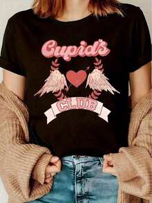 100% Cotton Cupid's Club Graphic T-Shirt - Women's Casual Short Sleeve Crew Neck T-Shirt With Heart And Wings Design, Soft Black Cotton T-Shirt For Summer And Spring - 黑色 - 查看 6