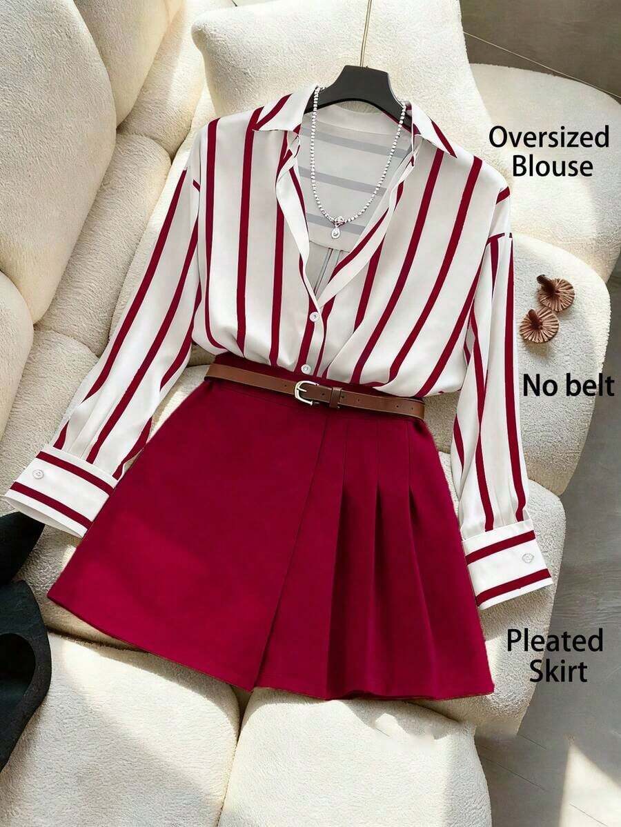 Camisa a rayas y falda pantalón plisada asimétrica, elegante conjunto de 2 piezas para mujer - Gris - Ver 1