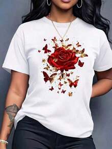 Under The Radarropa Women's 1-Piece Set. Soft 100% Cotton Fabric. Casual Women's Sports T-Shirt With A Floral Print Of Red Roses And Butterflies, Crew Neck, Short Sleeves, Regular Length, All-Season T-Shirt. Unisex Loose-Fitting Cotton T-Shirt With Short Sleeves And A Crew Neck In An Urban Vintage Style. - 白色 - 查看 1