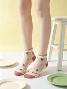 5 Pairs Purple Floral Glass Silk Sheer Socks, Cool And Refreshing - Multicolor - View 9