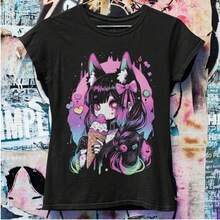 Pastel Goth Anime Fox Oversized Tshirt  Harajuku Streetwear  Japanese Streetwear  Grunge Aesthetic - Negro - Ver 1